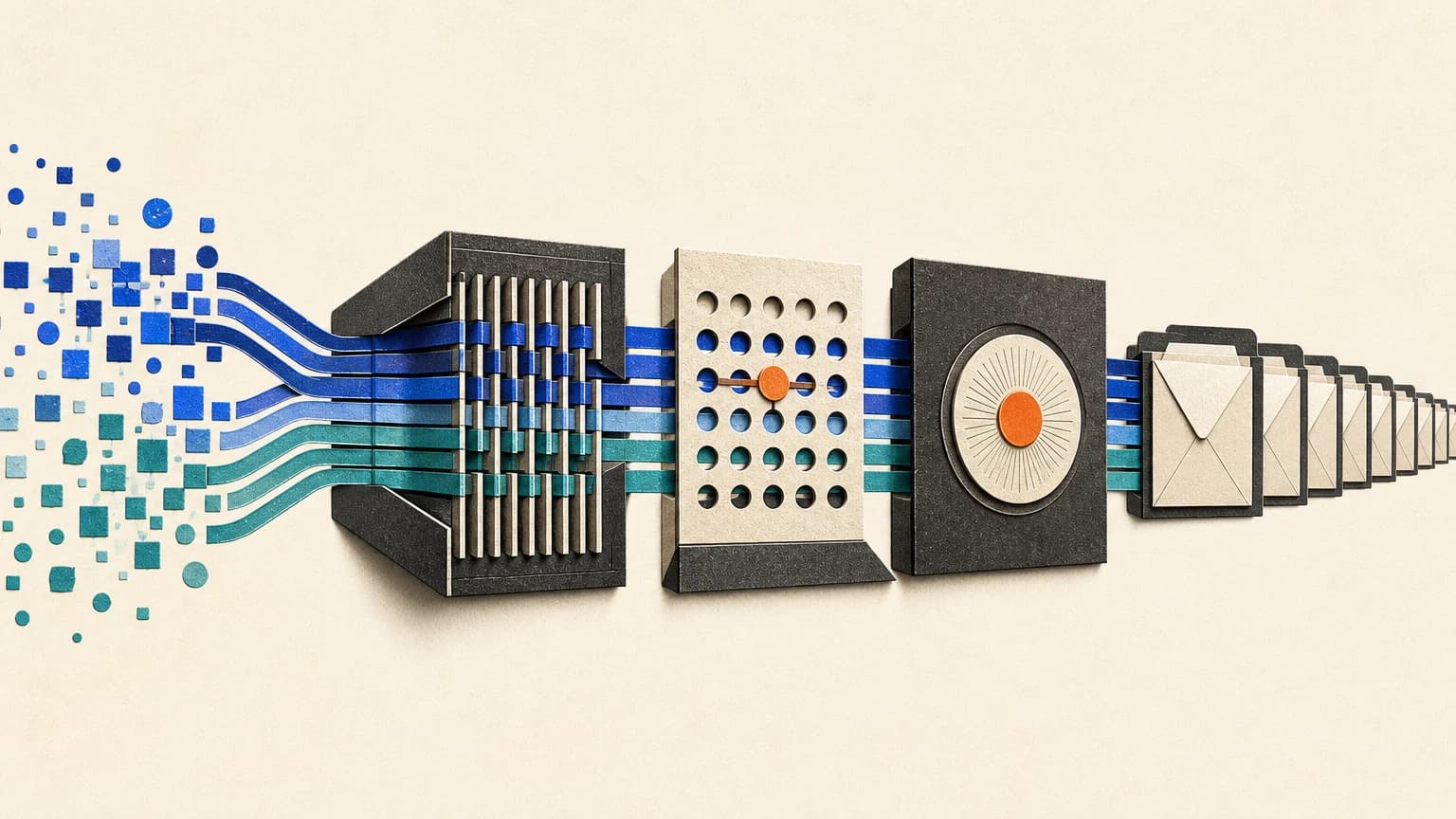 Cobalt and teal public-data traces pass through three validation stages into a line of archival envelopes