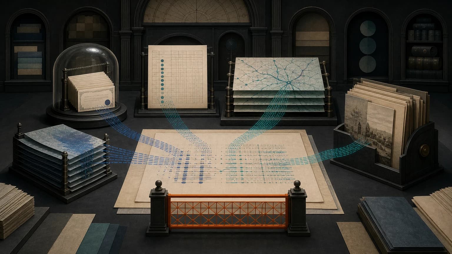 An archival evidence room where separate public internet records feed cobalt and teal traces into one provenance sheet