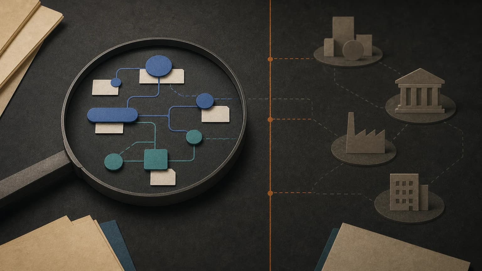 A magnifying glass over cobalt and teal public data nodes, separated by an orange boundary from unverified organizations